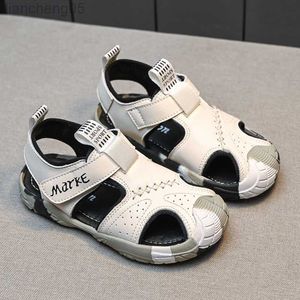 Sandalen Jungen Echtes Leder Sandalen 2022 Neue Sommer Grundschule Dellen Barefoo Kindermode Jungen mittleren Alters Strandschuhe W0217