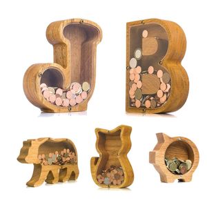 Decorative Objects Figurines 26 Letter Wooden Piggy Bank with Name Sticker Personalized Transparent Glass Money Box for Kids Children Gift Home Decoration 230217