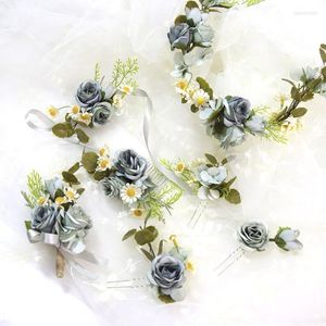 Cabeças de cabeça Blue Artifical Headwear Flowers Acessórios para casamentos para Bridal Para Tocados Novias Garland Wrist