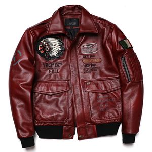 Men's Leather Faux Indian Embroidery A2 Flying Pilot Suit Genuine Jacket Cowhide Jackets 100 Red Clothing 230217