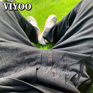 Jeans masculinos y2k emo moda de rua preta bordado de baixa calça larga de calças retas de japão de jeans calças machos de calça masculina Man 230216