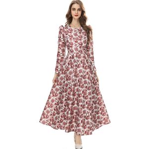 Women's Runway Dresses O Neck Long Puff Sleeves Floral Printed Elegant Fashion Prom Vestidos