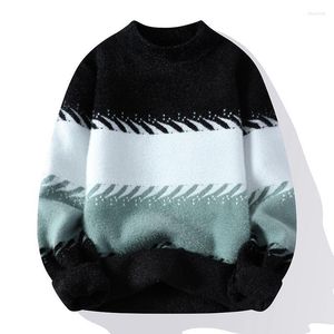Erkek Sweaters #5941 Siyah Beyaz Mavi Birleştirilmiş Renk Sokak Giyim Hip Hop Sweater Erkekler O boyun boyunlu kazak Kış Polar Sıcak Kalın