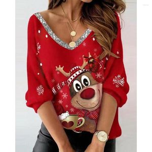 Women's T Shirts Fashion Women Christmas Snowflake Elk Print Blouse 2023 Femme Casual Long Sleeve Red Top Lady V-Neck Three Quarters Tee