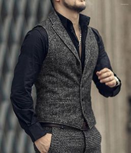 Men's Vests Man Woolen Vest Herringbone Pattern Business Waistcoat Notch Lapel Wool Tweed Groomsmen For Wedding