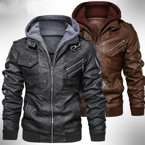 Herrjackor Motorcykel läderjacka hatt avtagbar manlig kausal outwear rockar streetwear windbreaker cyklist pu huva eu ​​storlek 230217