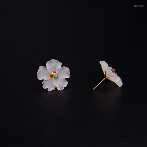 Stud Earrings MIQIAO 2023 Original Big Natural White Crystal Lilies Flowers Hand-carved Women 925 Sterling Silver Jewelry Female