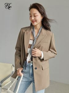 Women's Suits Blazers FSLE Suit Collar Full Regular Sleeve Blazers Loose waist Rear Fork Design Coat Office Lady Solid Single Breasted Blazer 230217