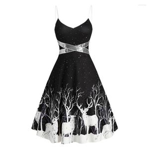 Casual Dresses Sequined Reindeer Print Flared Spaghetti Strap Tree High Waist Cami Dress Mid-Calf Sleeveless A-Line S-3XL Women Robe For