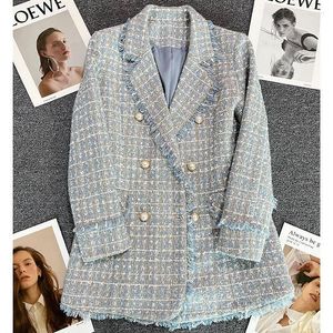 Women's Suits Office Lady Plaid Double Breasted Button Up Coat Casual Girls Streetwear Tweed Blue Women Blazer Jacket