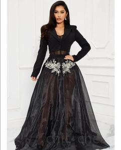 2023 Arabisch Aso Ebi Schwarze Ballkleider Spitze Kristalle Organza-Body mit Jacke Abendempfang Verlobungskleider