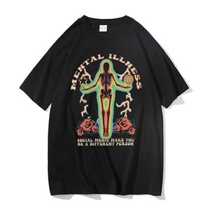 Erkek Tişörtleri İskelet Akıl Hastalığı Sosyal Medya Sizi Farklı Bir Kişi Olduruyor Grafik Tshirt Erkek Kadın Moda Hip Hop Tshirt J230217