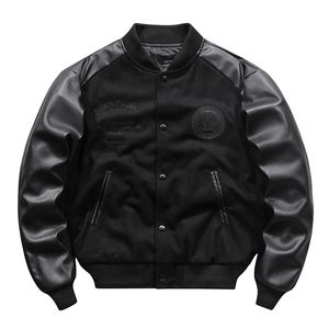 Jackets masculinos Men PU Couro de couro preto Jaqueta de beisebol preto Casaco de vôo bordado de lã vintage para masculino 230217