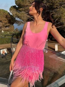 Casual Dresses Women Summer Sexy V-Neck Tank Backless Tassel Feathers Party Club Evening Mini Dress Pink Apricot White