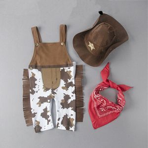 Pyjamas 3PCS Kleinkind Baby Jungen Mädchen Kleidung Sets Karneval Kostüm Party Kostüm Cowboy Outfit Strampler Hut Schal 230217