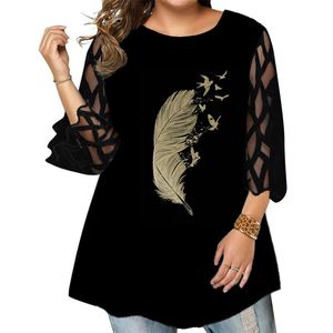 女性のプラスサイズのTシャツプラスサイズの女性ブラウスレーススリーブチュニックトップレディースオネックの葉印刷されたシャツカジュアルパッチワークストリートウェアブラウス女性トップ230216