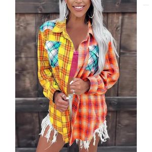 Women's Blouses 2023 Autumn Women Colorblock Plaid Button Down Shirt Fashion Elegant Lady Long Sleeve Pocket Blouse Workwear Clothing