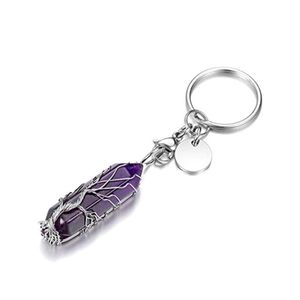 Key Rings Natural Pink Quartz Gem Stone Ring Copper Wire Tree Of Life Keychain Healing Amethyst Crystal Chain Jewelry Drop Delivery Dhatd