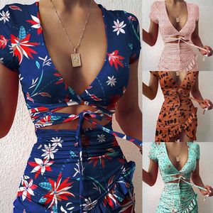 Casual Dresses Summer Floral Print Fashion Sexig klänning Kvinnor Bohemian snör upp ihålig bundet utklipp front Ruffle Trim Wrap Hem Mini Beach