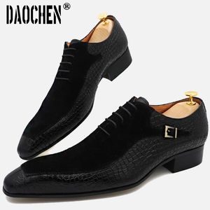 Zapatos de vestir de lujo para hombre Ox con cordones Split Toe Coffee Black Formal Suede Patchwork prints Leather 230216