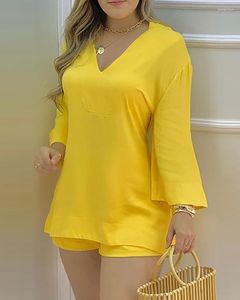 Women's Tracksuits Summer Women Plain Bell Sleeve V-Neck Top & Shorts Set 2023 Femme 9 Styles Casual Long Blouse Short Pants Suits