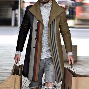 Мужские шерстяные смеси зимнее густое флисовое пальто для мужчин винтажный полосатый принцип с длинным рукавом с длинными рукавами на пуговицах с пуговицами