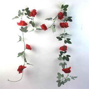 Flores decorativas 2,4 metros de seda rosas videira com folhas verdes para decoração de casamento em casa Folha folha diy pendurado guirlanda artificial