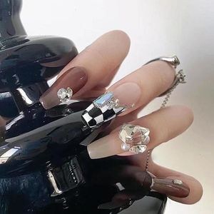 False Nails 24Pc With Rhinestone Flower French Fake Nail Designs Ballet Press On Detachable Long Coffin