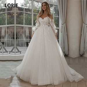 Party Dresses LORIE Glitter Wedding Dresses Puff Sleeve Appliques Lace 3D Flowers off Shoulder Tulle Boho Bride Gown vestidos de novia 230217