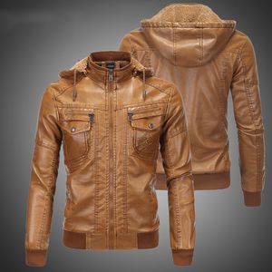 Men's Jackets Winter Leather Hooded Fleece Coat Windbreaker Male Casual Biker Warm Motocycle Zipper Outwear 230217