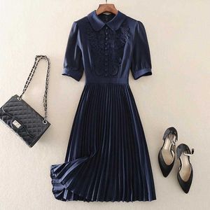 Whitedress Casual Dresses Vintage broderad veckad klänning Kvinnor Summer Chic Sweet Short Sleeve Midi Party Dress Elegant Slim Midje Dre 9927