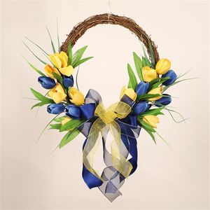 Corona di fiori decorativi per porta d'ingresso, fattoria primavera estate gialla e blu per decorazioni da tavolo per matrimoni, pareti domestiche