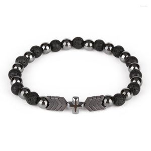 Strand 6 mm czarny szorstki rock lawa Mineral Stone Bead Alternate Hematite Cross Cross Charm Chakra Energy Bracelets dla mężczyzny kobiety