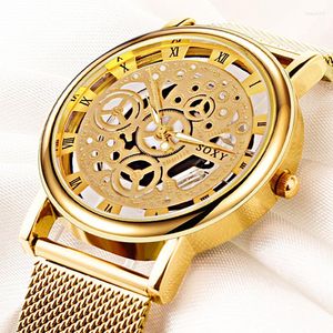 Нарученные часы Fashio Skeleton Birstwatch Men Simple Stylih Elegant Mesh Belt Male Quartz Watches Hollow Relogio Masculino