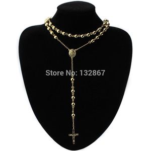 Naszyjniki wiszące 8 mm mężczyzn kobiety ciężkie złote stal ze stali nierdzewnej Jezus Cross Rosary Naszyjnik 30 „5,5”