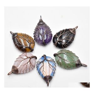 Charms Natural Stone Crystal Tree Of Life Antique Waterdrop Pendants Rose Quartz Wire Wrapped Trendy Jewelry Making Sport1 Drop Deli Dhi4X