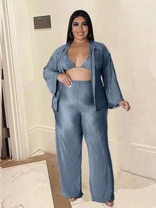 Tracksuits Three Piece Suit Women Straps Bra And Long Sleeve Top Pleats Pants Set Ladies Plus Size Sexy Outfits Wholesale Bulk Drop