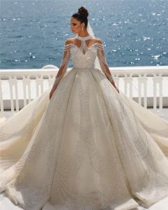 Luxurious Arabic Dubai Wedding Dresses Ball Gown High Collar Beadings Sequins Long Sleeve Crystals Bridal Gowns Long Train Robes Custom made BC15222