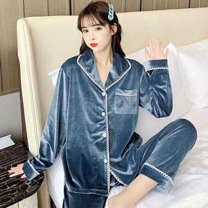 Women's Sleepwear White Women Velour 2PCS Pajamas Sets Sexy Cardigan Stripe Pyjamas Suit Autumn Winter Nightwear Loungewear Home Wear