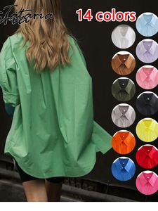 Kvinnors blusar Skjortor Basic Candy Colors Shirt Vackert med krage Sommargrön knapp upp överdimensionerad långärmad topps 230217