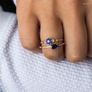 Wedding Rings Vintage Female Blue Zircon Stone Ring Classic Gold Color Luxury Crystal Round Thin Engagement For Women