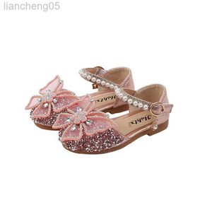 Sandaler Baby Children Glitter Butterfly Sandaler Pearl Beading Bowknot Princess Shoes for Girls W0217