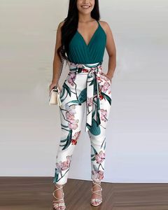 Women's Two Piece Pants Summer Women 2 Pieces Plain Ruched Top & Floral Print Colorblock Set With Belt 2023 Femme Casual Outfits Y2k