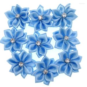 Dekorative Blumen, 12 Stück, 2,5 cm, blaues Satinband, weiße Strass-Applikationen, künstlich, zum Basteln, Nähen, Hochzeitsdekoration, 2,8 cm
