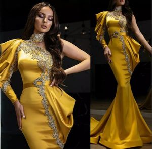 Luxury Crystals Turkey Dubai Arabic Prom Dresses High Collar One Shoulder Drapped Gold Special Occasion Evening Gowns For Women Sexy Mermaid Robe de Soiree CL1866