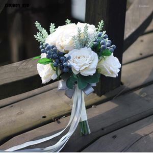 Dekorativa blommor! Trevlig falsk vit rose bukett hi-q bröllop blommor brudtärna brud konstgjorda