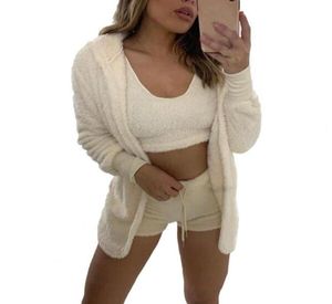 Running Set Women Tracksuit Three Piece Sexy Fluffy Outfits Plush Velvet Hooded Cardigan Shorts Crop Top Sports Suits Chandals MU2274399