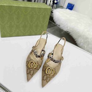 G quality guxci gussie Chain Sandals Top New Women Metal Pointed Mid Heel Fine Heel Sandals Slippers Back Trip Strap Spring Summer Sheet Double Metal Luxury Leather Fa