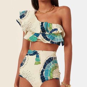 Swim wear One Shoulder Embroidered Printed Ruffled Push Up Micro Swimsuit Two Pieces Plus Tankini Women Swimming Suits Swimwear Patchwork 230217