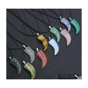 Pendant Necklaces Natural Stone Gem Carved Ox Horn Shape Rose Quartz Crystal Jade Onyx Necklace Healing Guardian Jewelry For Men Rop Dh6Sn